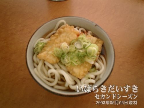 土浦駅ホームでたぬきうどん<br>ぶつぶつ切れるコシのないうどんと、濃いめの汁が茨城テイスト。美味い。