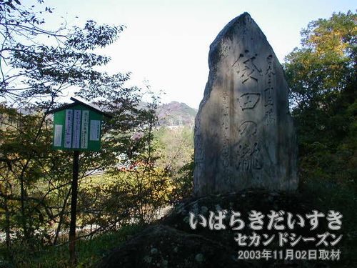 「日本三十五勝 袋田の瀧」の碑<br>袋田の瀧はまだかなり遠いのに、「袋田の滝」の石碑があります。