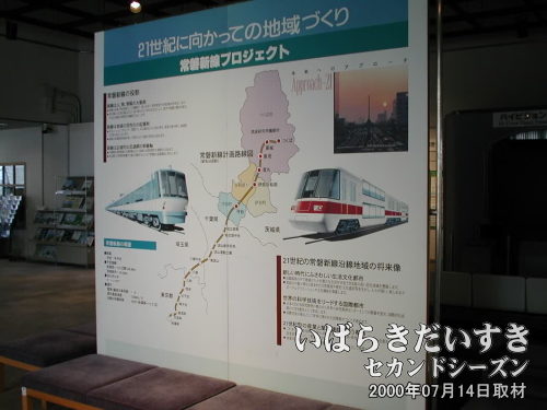「常磐新線」の文字があるパネル<br>2000年07月のつくばインフォメーションセンターにて。
