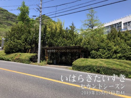大雄院のバス停<br>かつて電気鉄道が、助川駅（今の日立駅）から、ここ大雄院まで上ってきました。