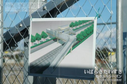 中菅谷駅に掲げられていた、瓜連駅新駅舎のイラスト（2005年））